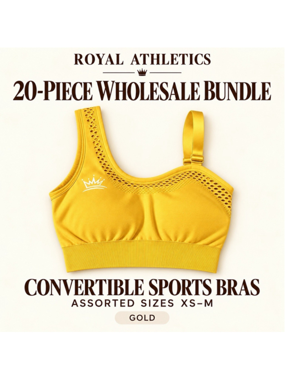 Royal Athletics Sports Bras Lot of 20 Wholesale, XS -M, Gold. NEW!